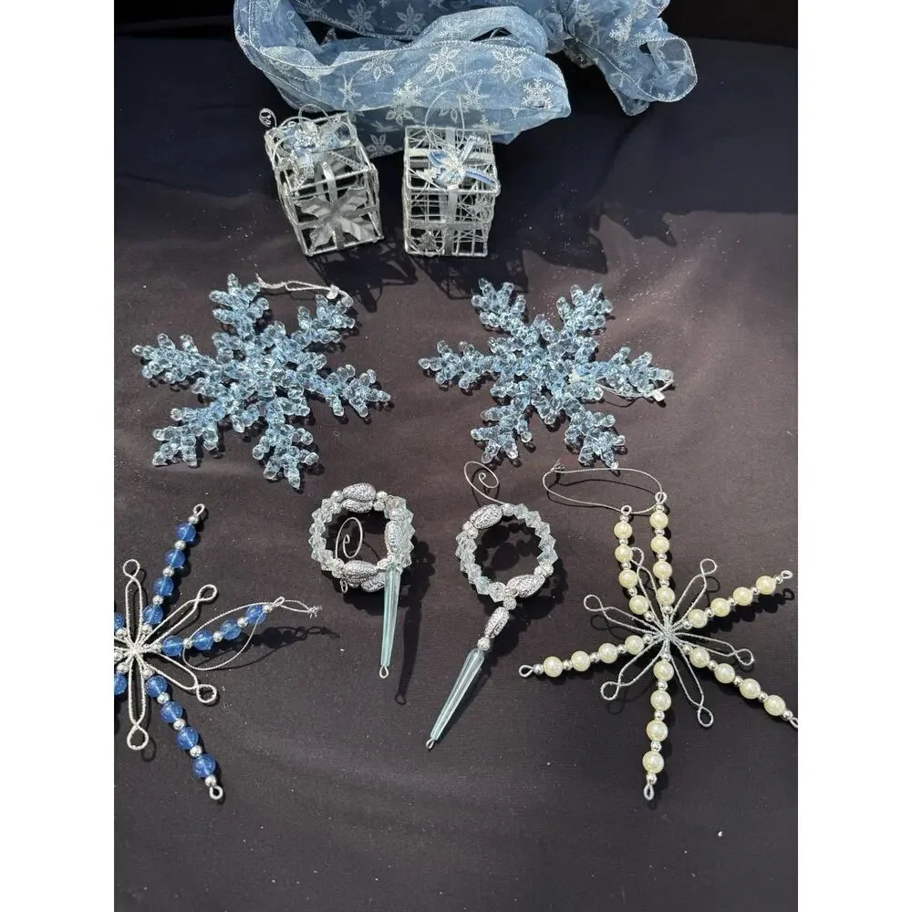 Beautiful Ice Blue Christmas Ornament Lot Snowflakes Bows & More! S1